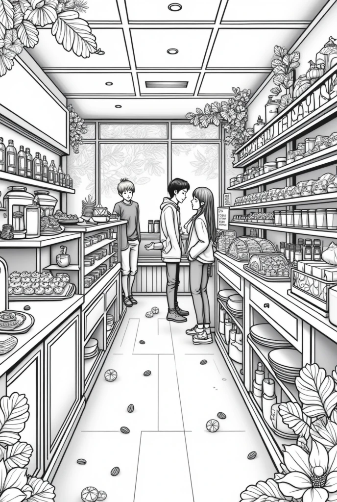 Create a detailed black-and-white line drawing of a vibrant coffee and bakery mart that sells desserts, coffee, tea, sandwiches, and fast-eating products. The illustration should capture a youthful and fun atmosphere, using only black lines with no shading or gray effects. Incorporate elements like cups, plates, lemons, coffee beans, and leaves creatively throughout the design. The scene should include a bustling shop interior with shelves of sweets, a coffee counter, and young customers enjoying their food and drinks.