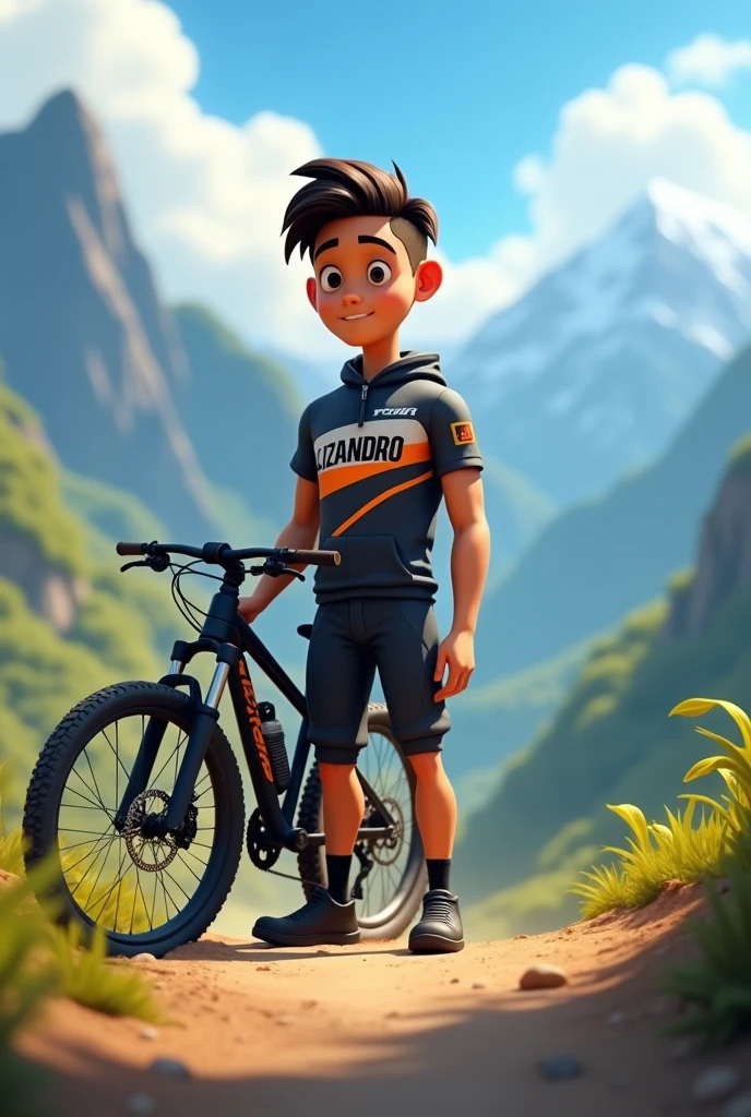 Create a person who wears the name Lizandro on his clothes and has a downhill bike in front of him. Everything must be animated.