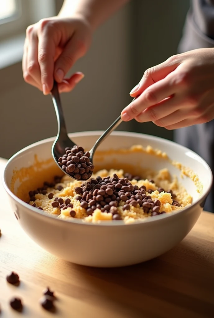    Then, you grab your spoon and mix all of your ingredients together. When you have all of your ingredients mixed together well, put 1 to 2 cups of chocolate chips in your bowl with mixed ingredients.
