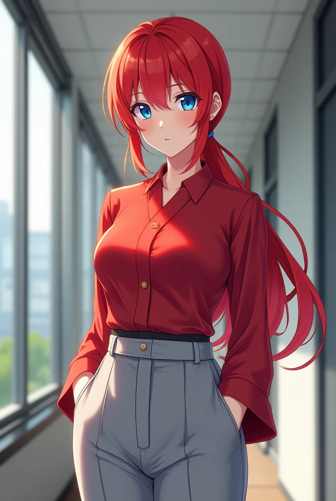 Anime Japanese woman, working woman, uniform, red hair, long hair, low ponytail, blue eyes, kimono-like scarlet shirt with large sleeves, oversized light grey slacks, beautiful E-cup breasts, nice butt, office corridor