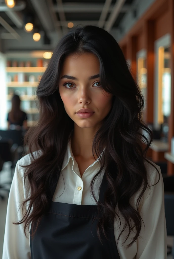  White girl working in hair Salon look The câmera dark wavy long hair