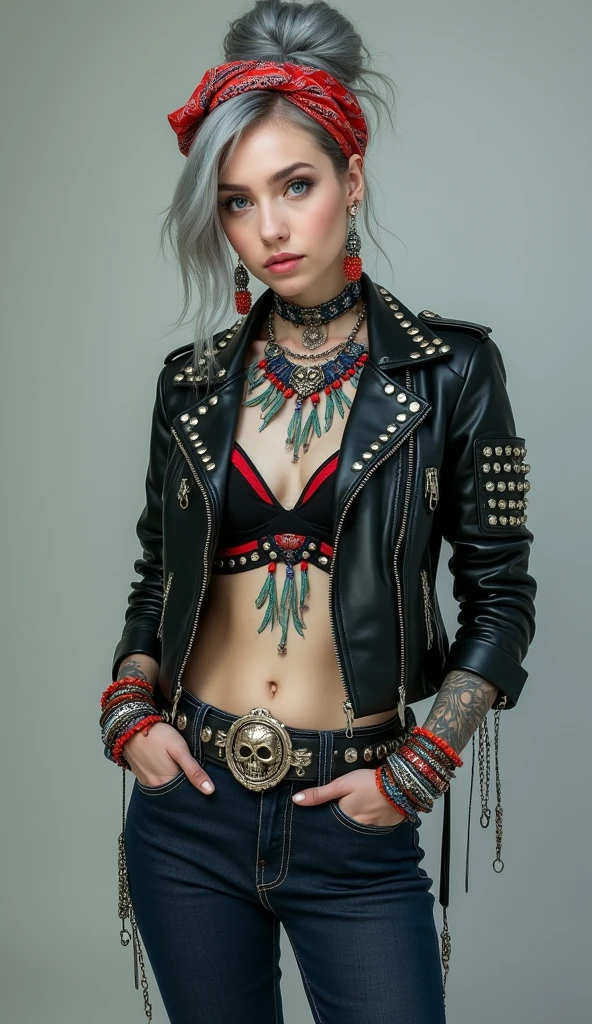 Russian female, 20s, grey hair (high bun, middle parting) and wide colorful bandana as headband, with very light blue eyes, extremely pale. Wearing a short black motorcycle jacket with studs and lots of zippers and pins, a black push up bra with red lining, dark blue skinny jeans, and ((pointy silver Chelsea boots with cuban heels)). Lots of chunky colorful bracelets all over wrists, colorful necklaces, and colorful rings. Wide tacky studded leather belt with oversized skull and bones buckle. Long bohemian earrings with feathers. Standing in a lazy manner, looking at camera, humble facial expression. Hands in pockets, showing wide chunky bracelets and rings. Chains around belt. Breasts: 1.4, Well toned abs, slim neck, Buttocks: 1.4, Legs: 1.4, and slim arms. Profusely tattooed on chest and hands. ((full shot photography))