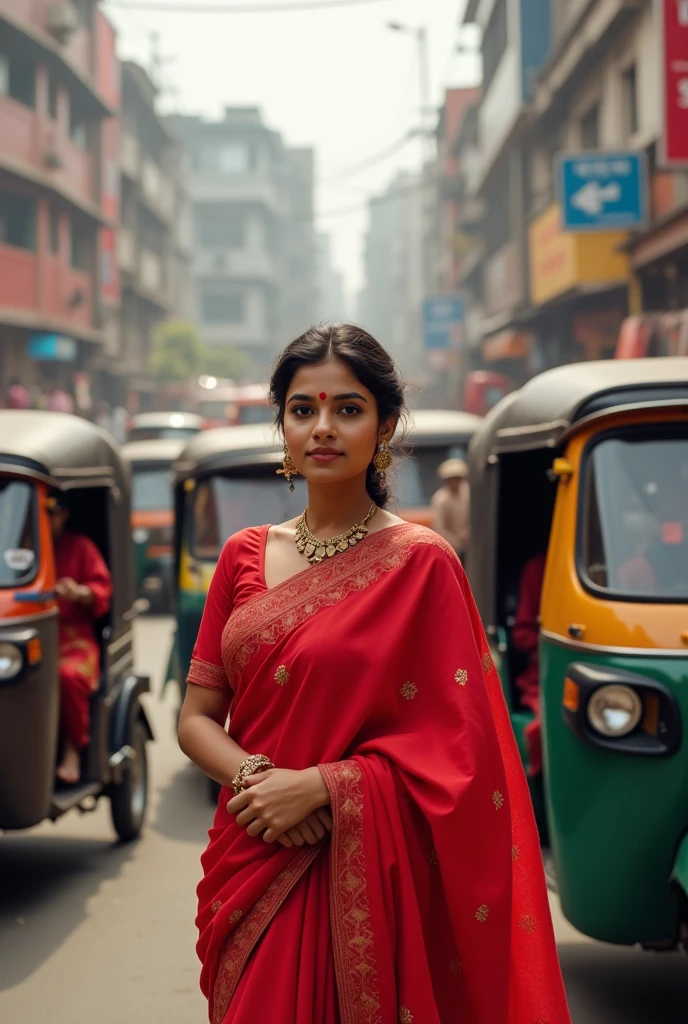 Indian girl were red saree at busy road