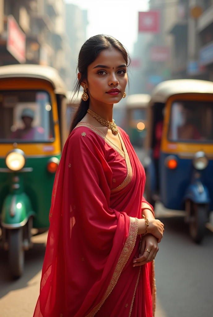 Indian girl were red saree at busy road