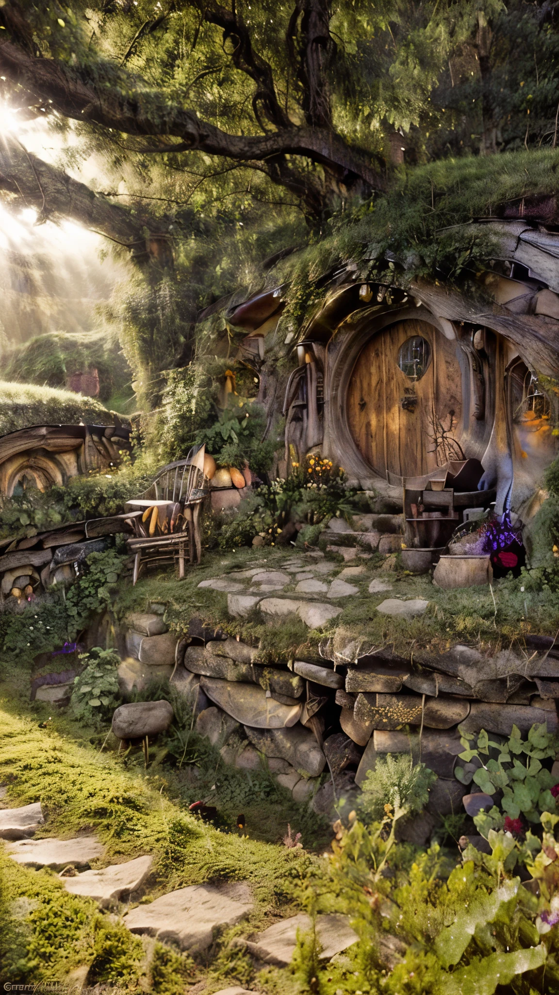 the hobbit, tolkien, a hobbit village, ornate, beautiful, atmosphere, vibe, flowers, concept art illustration, greg rutowski, volumetric lighting, sunbeams, particles,greeny color