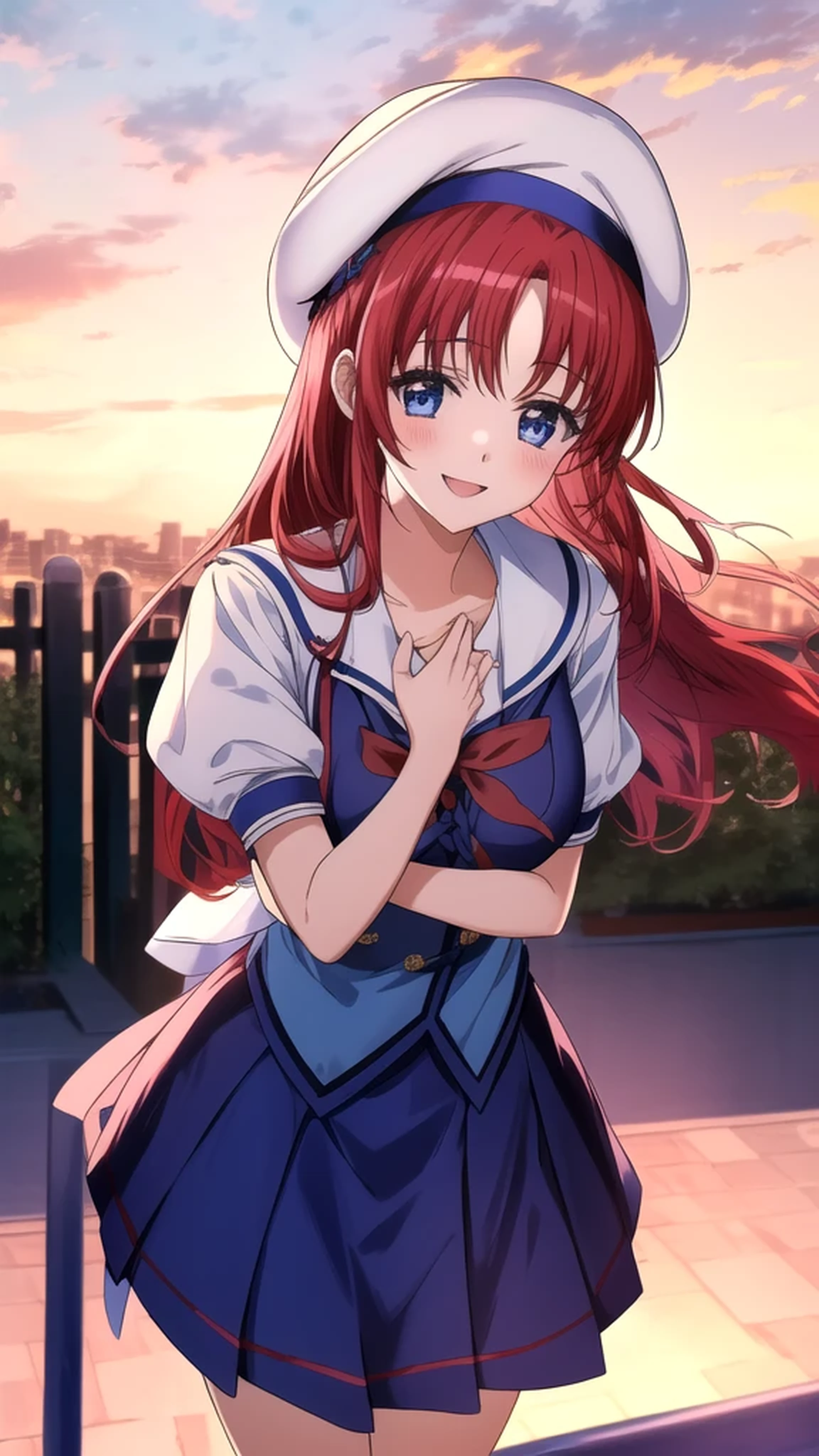 kotorishirakawa, ((masterpiece, best quality, highres, distinct_image)), 
extremely beautiful and delicate, extremely detailed, intricate detail, 1girl, solo, short stack, huge breasts, red hair, long hair, straight hair, Blue eyes, BREAK skirt, hat, school uniform, short sleeves, socks, puffy sleeves, puffy short sleeves, beret, Cute Smile Open your mouth, Are standing, (Winter Night、With the sunset and the fence behind、Receiving a confession on the school rooftop。I got closest to that smile:1.1), (Place your hands on your chest:1.3), Two Arms, (cinematic angle:1.1),