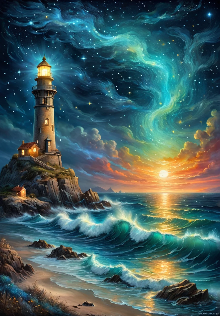 a nocturnal seascape with a lighthouse illuminating a Starry Sky where constellations come to life as Mythical Animals, (Magical Realism:1.5), (Surrealism:1.4), Vivid contrasting colors, (Lighting Effects:1.5), (Starry Sky:1.3), (Mythical Animals:1.4), Artwork Inspired by Vincent Van Gogh, Ivan Aivazovsky, (Josephine Wall:1.2), Popular on deviantart, high resolution, Mysterious and charming atmosphere, (Fantastic quality:1.4)