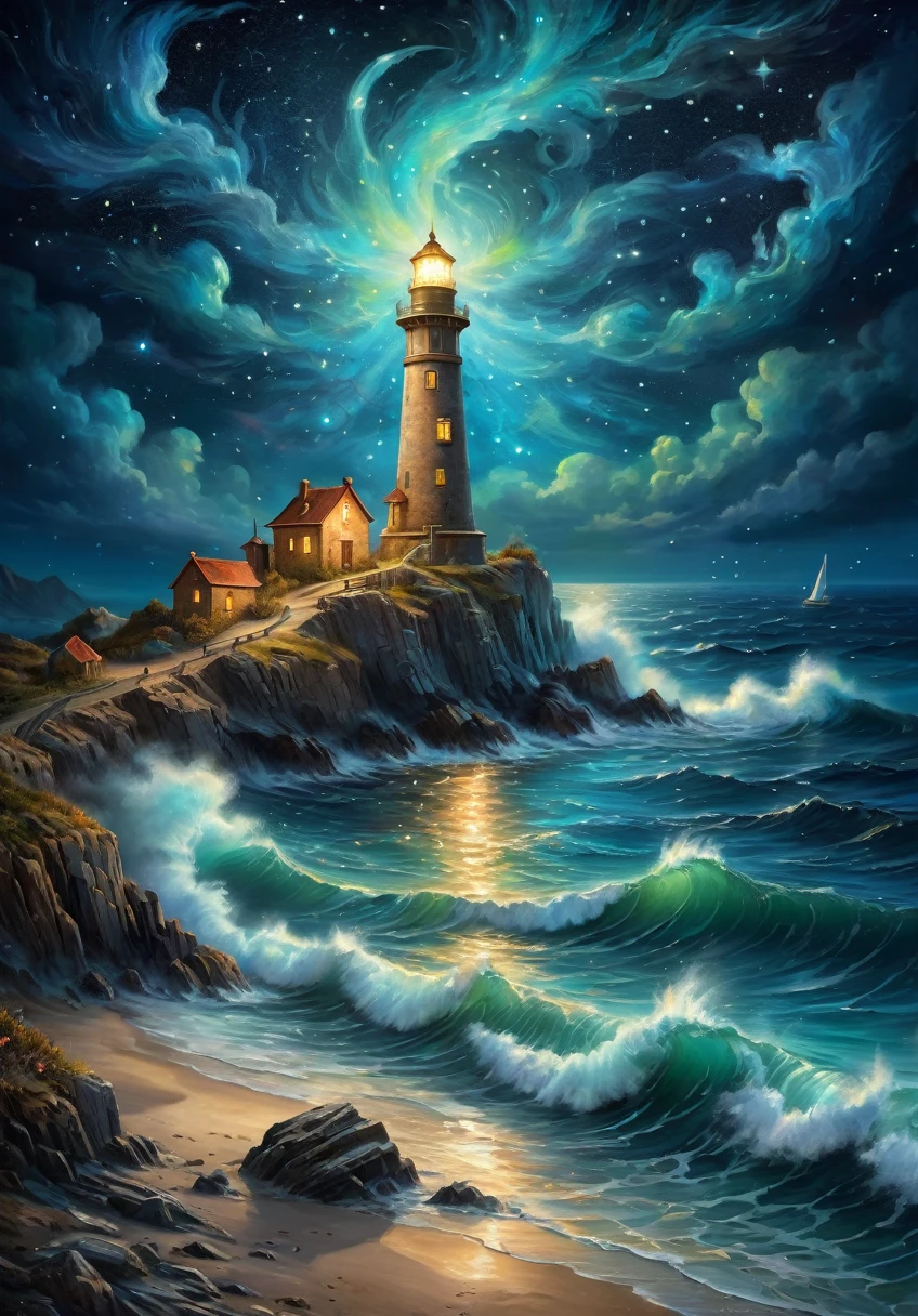 a nocturnal seascape with a lighthouse illuminating a Starry Sky where constellations come to life as Mythical Animals, (Magical Realism:1.5), (Surrealism:1.4), Vivid contrasting colors, (Lighting Effects:1.5), (Starry Sky:1.3), (Mythical Animals:1.4), Artwork Inspired by Vincent Van Gogh, Ivan Aivazovsky, (Josephine Wall:1.2), Popular on deviantart, high resolution, Mysterious and charming atmosphere, (Fantastic quality:1.4)