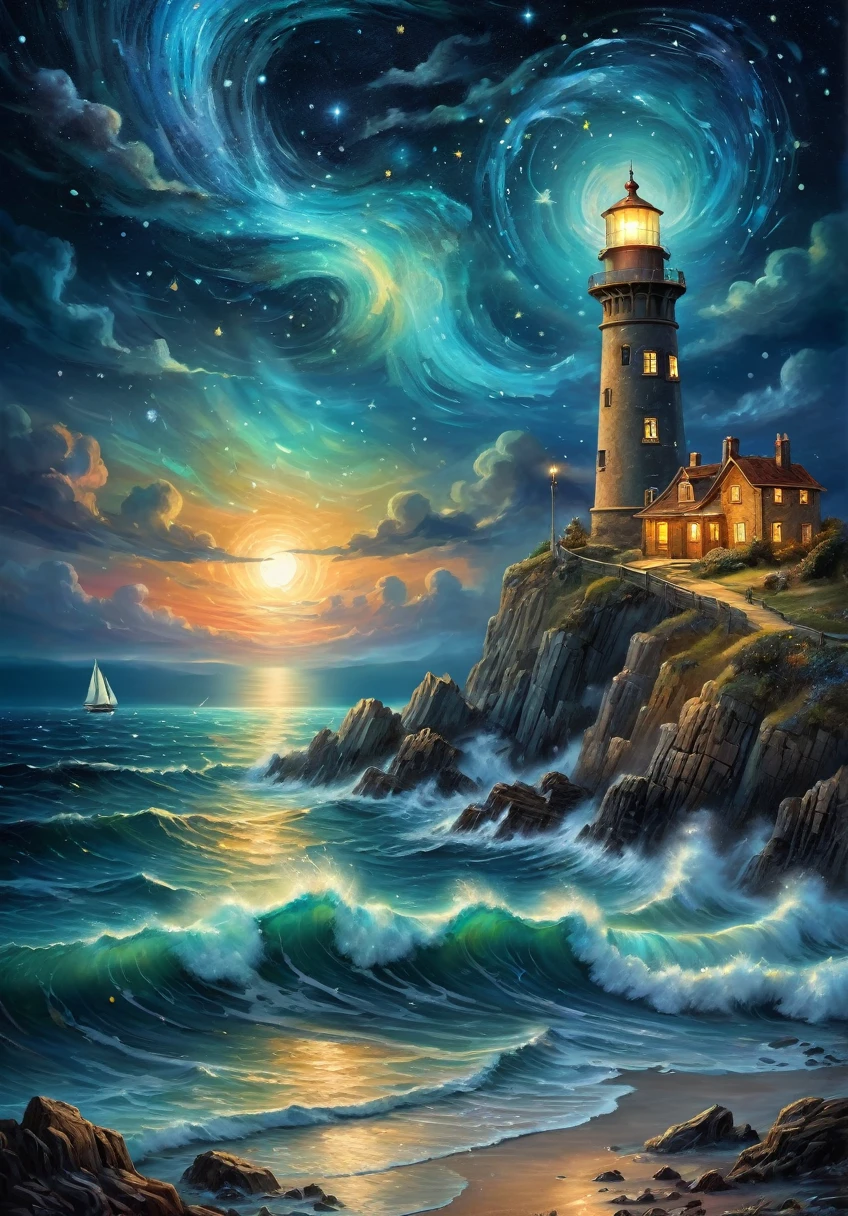 a nocturnal seascape with a lighthouse illuminating a Starry Sky where constellations come to life as Mythical Animals, (Magical Realism:1.5), (Surrealism:1.4), Vivid contrasting colors, (Lighting Effects:1.5), (Starry Sky:1.3), (Mythical Animals:1.4), Artwork Inspired by Vincent Van Gogh, Ivan Aivazovsky, (Josephine Wall:1.2), Popular on deviantart, high resolution, Mysterious and charming atmosphere, (Fantastic quality:1.4)