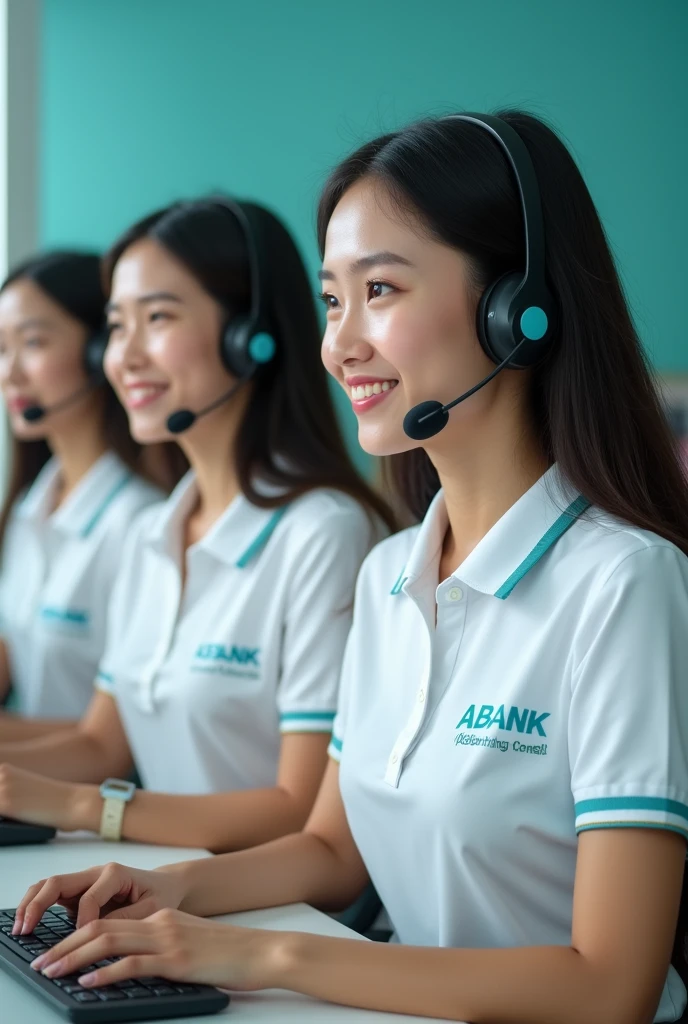 Four beautiful young Vietnamese girls with double eyelids are calling customers with softphones. They are wearing white polo shirts with a little bit of turquoise and a small amount of orange. On their chests, they only have the word ABBANK written in capital turquoise without any logo.