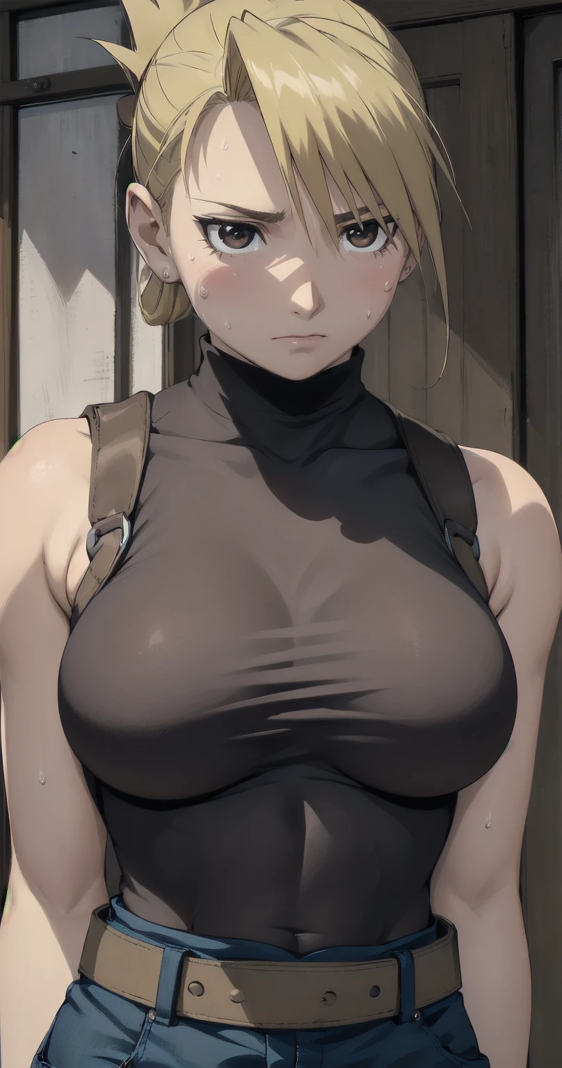 masterpiece, highest quality, High resolution, One Girl, Hamriz, ponytail, Brown eyes,big , Black Shirt, Tight shirt, holster, Short sleeve, belt, Covered navel, Blue pants,indoor、Upper body close-up、Muscular body、blush、Sweat、Composition from the front、anime、(((Close-up of a person、大きなおっぱい、Both armpits exposed、Sweat、Look forward)))