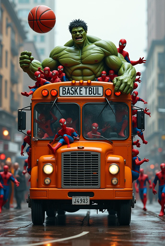 Bus orange rempli de pleins de Spider-Man et de Hulk qui font du basket