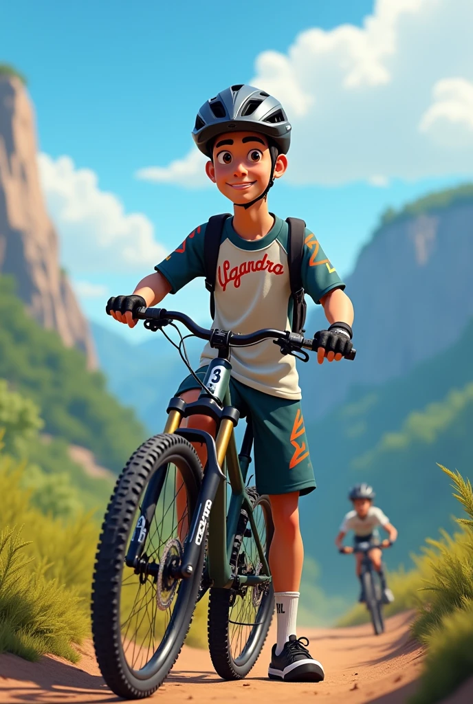 Create a person who wears the name Lizandro on his clothes and has a downhill bike in front of him. Everything must be animated.