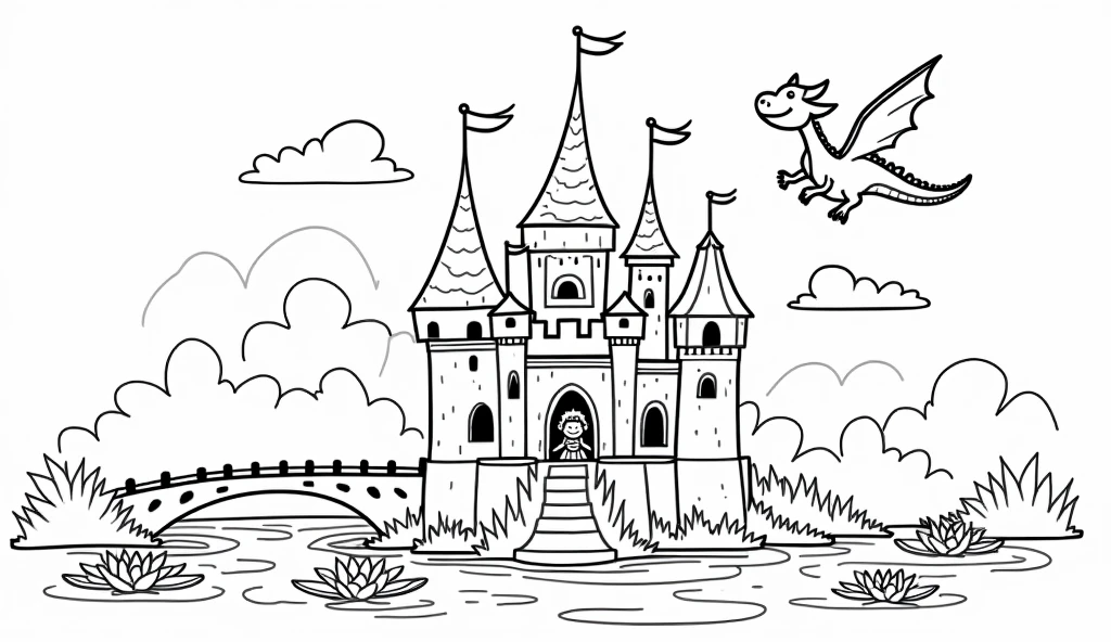 A delightful, child-friendly illustration with thick black lines on a white background. The main focus is a magical fairy tale castle, featuring tall towers with flags, a drawbridge, and a moat filled with water lilies. A friendly dragon is flying gracefully in the sky, and a smiling princess is waving from one of the windows. The simplicity of the lines and lack of shading and texture makes it an ideal coloring page for kids to bring their creativity to life, illustration