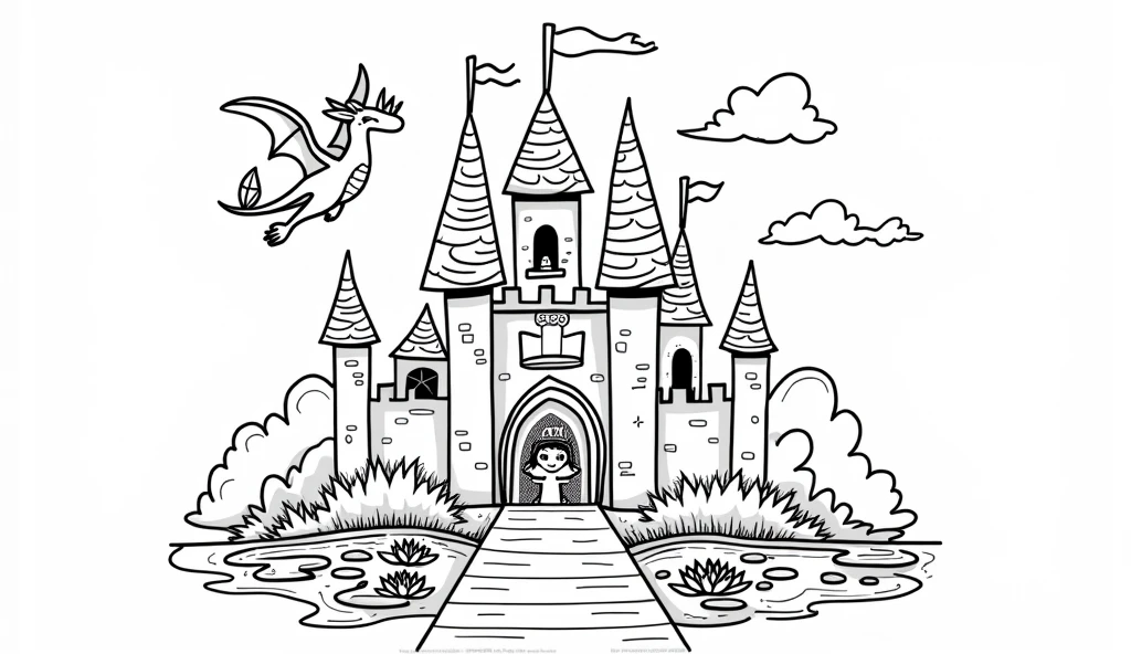 A delightful, child-friendly illustration with thick black lines on a white background. The main focus is a magical fairy tale castle, featuring tall towers with flags, a drawbridge, and a moat filled with water lilies. A friendly dragon is flying gracefully in the sky, and a smiling princess is waving from one of the windows. The simplicity of the lines and lack of shading and texture makes it an ideal coloring page for kids to bring their creativity to life, illustration