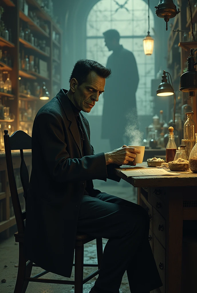 Frankenstein drinking coffee
