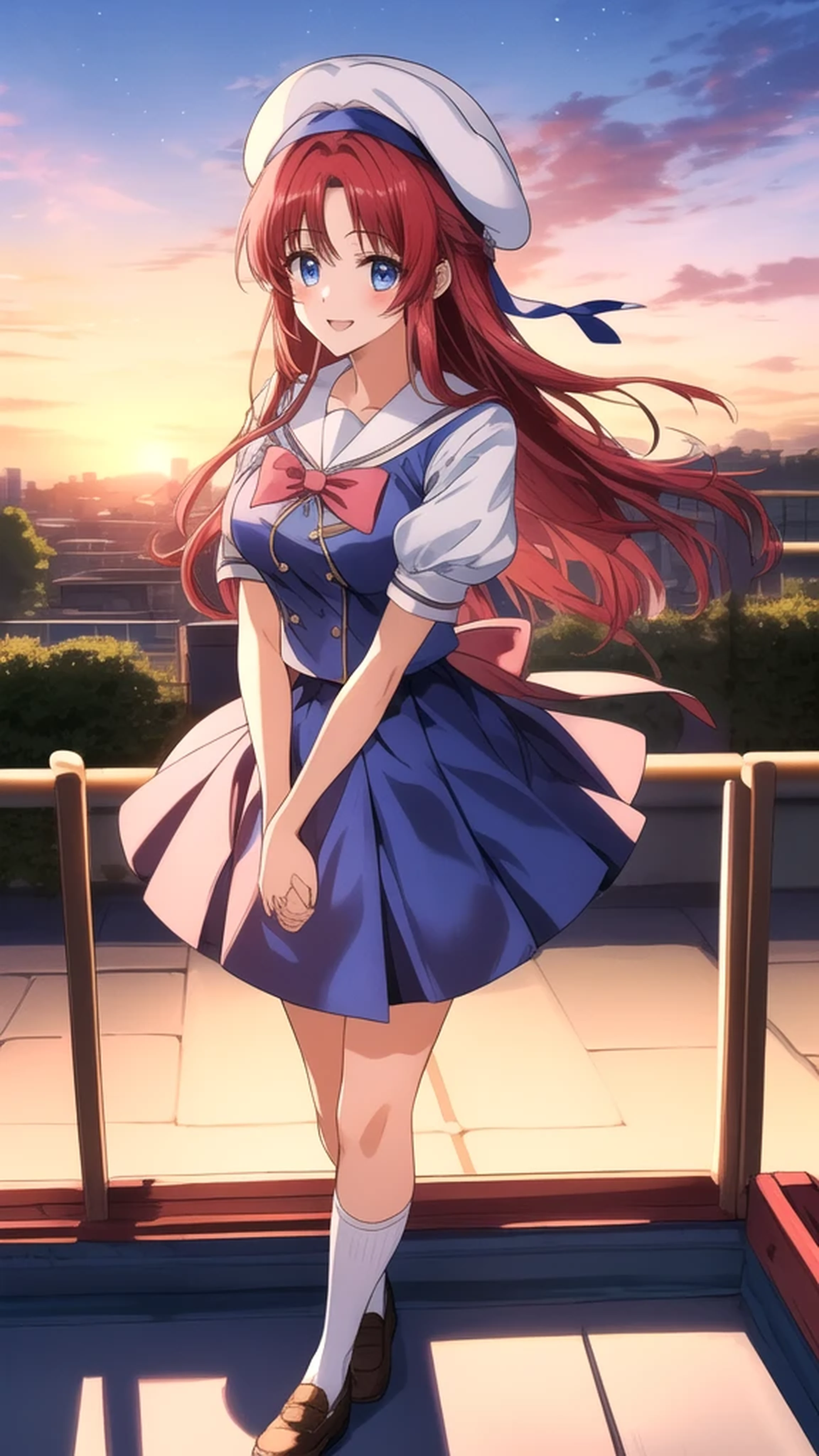 kotorishirakawa, ((masterpiece, best quality, highres, distinct_image)),
extremely beautiful and delicate, extremely detailed, intricate detail, 1girl, solo, short stack, huge breasts, red hair, long hair, straight hair, Blue eyes, BREAK skirt, hat, school uniform, short sleeves, socks, puffy sleeves, puffy short sleeves, beret, Cute Smile Open your mouth, Are standing, (Winter Night、With the sunset and the fence behind、Receiving a confession on the school rooftop。I got closest to that smile:1.1), (Place your hands on your chest:1.3), Two Arms, (cinematic angle:1.1),