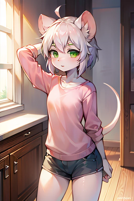 white rat, look like a girl , green eyes, pink shirt