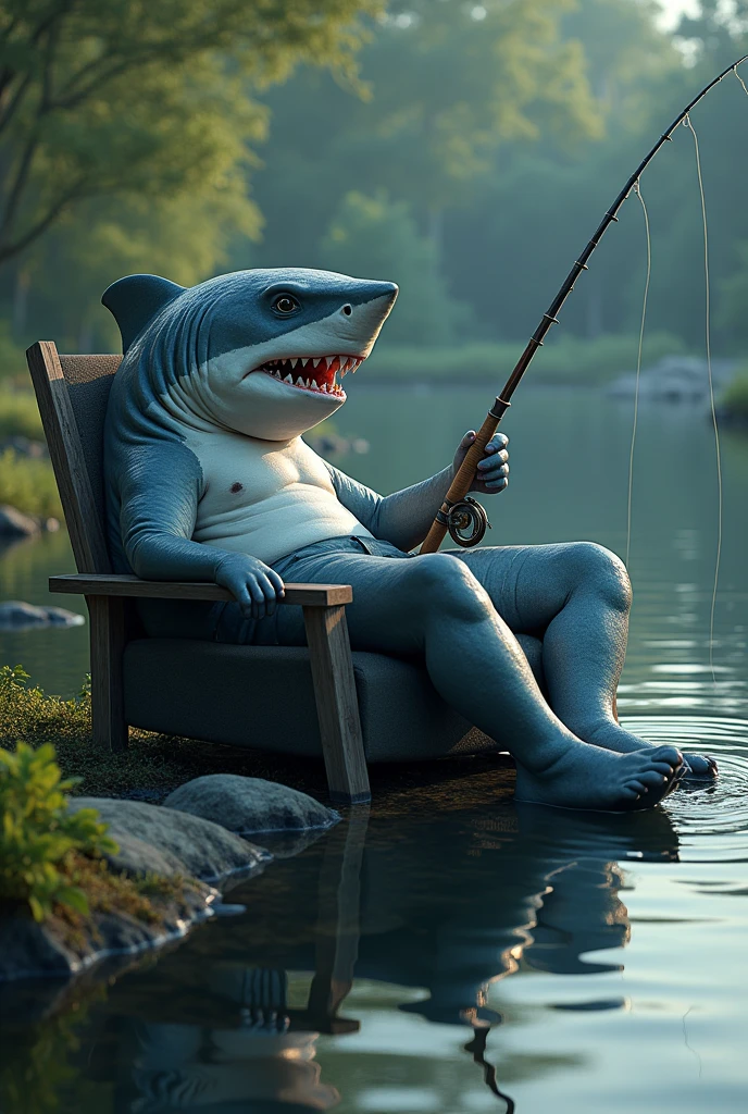 a shark sitting on a relaxing chair at the edge of a pond, fishing with a fishing rod, serene landscape, calm water, detailed shark, highly detailed and realistic, photorealistic, 8k, hyperrealistic, dramatic lighting, vibrant colors, cinematic composition, dynamic pose, beautiful scenery