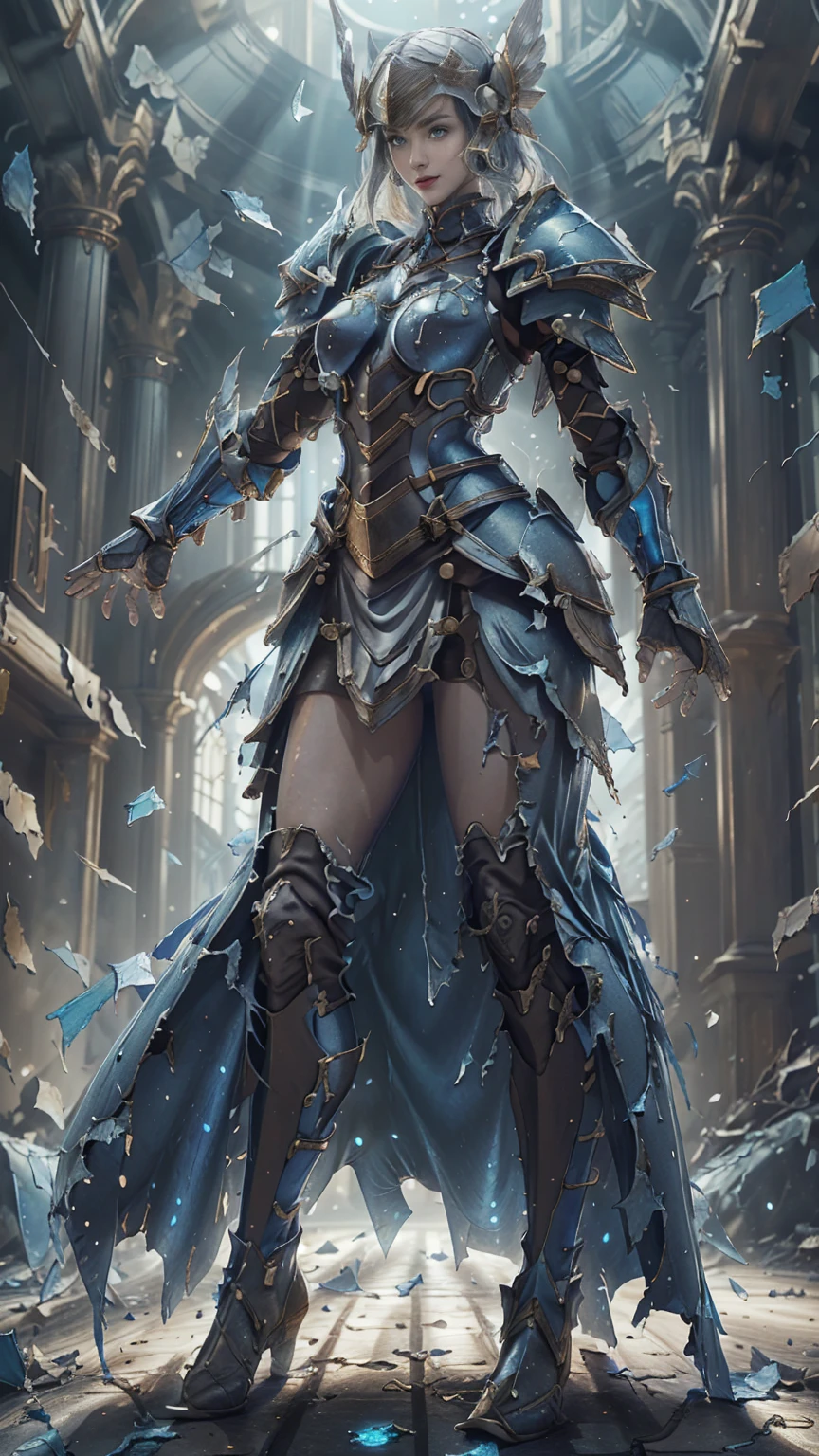 Lenneth from 'Valkyrie profile', blue plate mech4rmor, (damaged armor exposing random skin:1.37), thigh cutout, long skirt,belt,white head ornament,
standing,(holding glowing sowed in triumphant pose), light smile,
plains,castle,
(insanely detailed,  masterpiece, best quality),solo, 