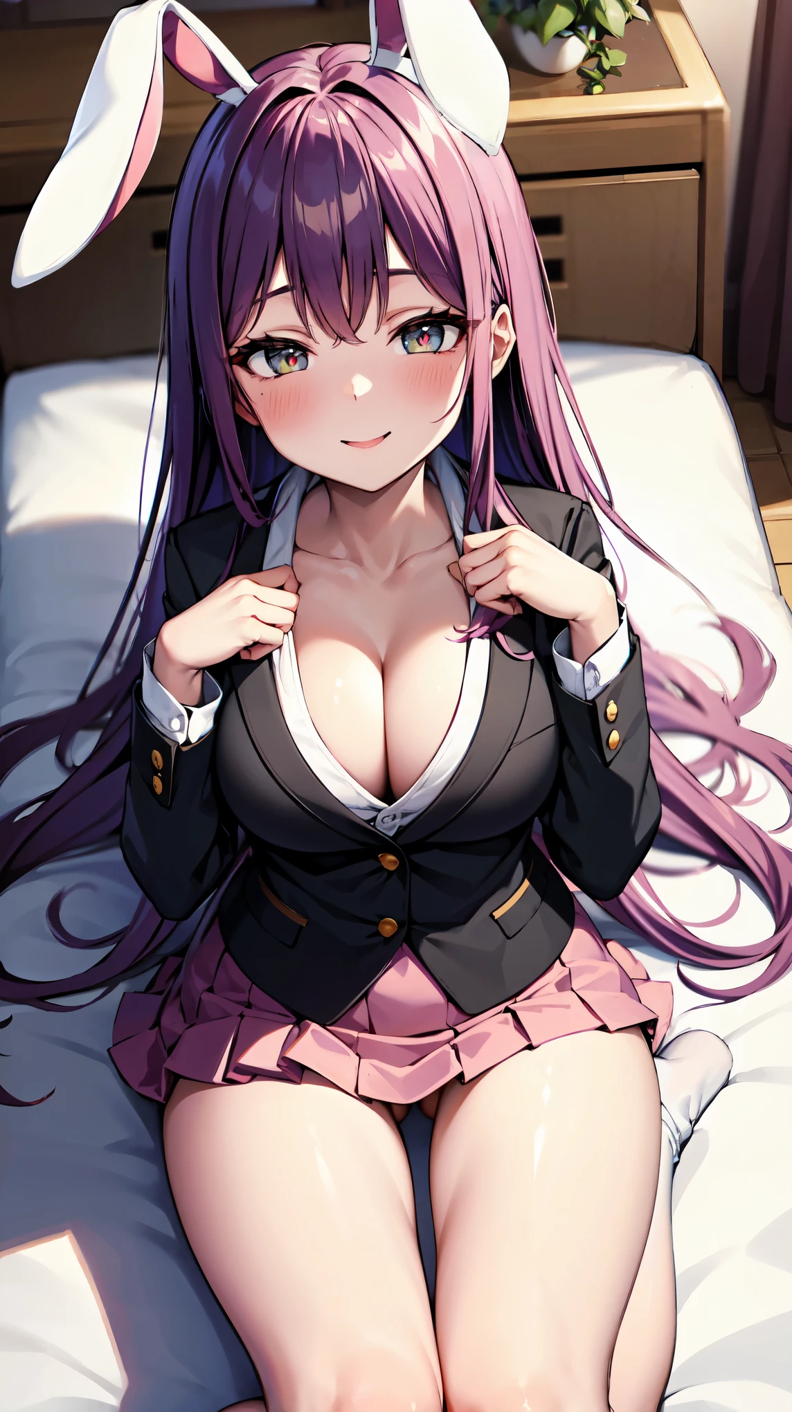 ((super high quality,Ultra-high resolution,16K,super masterpiece,Ultra HD,Ultra high definition,))One woman,White bunny ears,Very long straight purple hair,slender naked,Cleavage,sexly,(Black blazer,Fluffy white cutter shirt,popped Tight collar,Pink mini skirt,White socks,)blush,Provocative smile,View here,Put your hands between your legs,Japanese-style room illuminated by the morning sun,(Lying on the futon:1.8,Angle from the ceiling,)