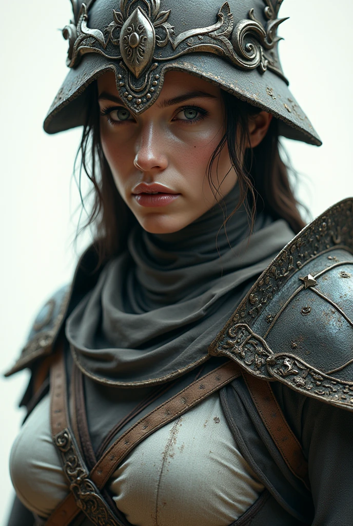 rogue thief girl, worn damaged leather armor, (knitted rogue Neck Gaiter), (smirk), (nose blush), beautiful detailed eyes, (messy hair), drawn by Greg Rutkowski, (Yoji Shinkawa:0.3)