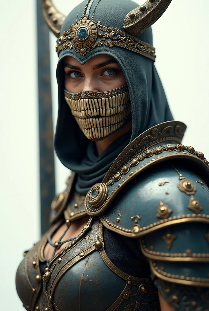 ((Cloth)), ((Armor))((Bone Mask)) (High Detail Skin: 1.2) Close-up of woman with hat and mask, Infinity Blades concept art, Infinity Blades armor, shoulder armor, warrior concept art, mortal kombat characters, 8kuhd, dslr, soft light, high quality, film texture ((amateur photo)), white background