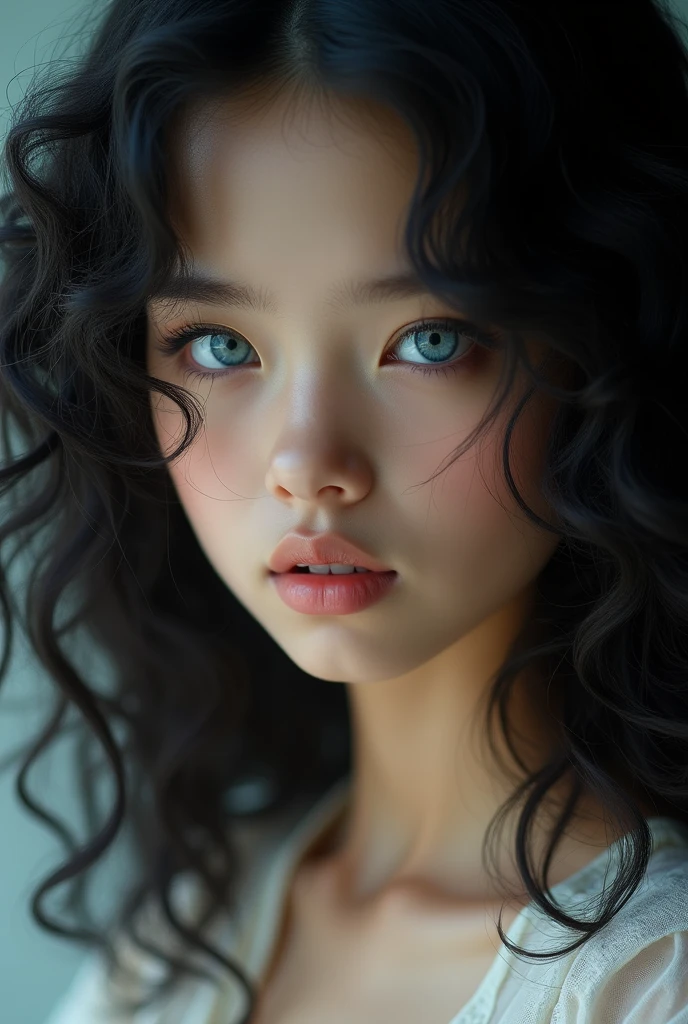 A girl with curly black hair, very beautiful blue eyes 