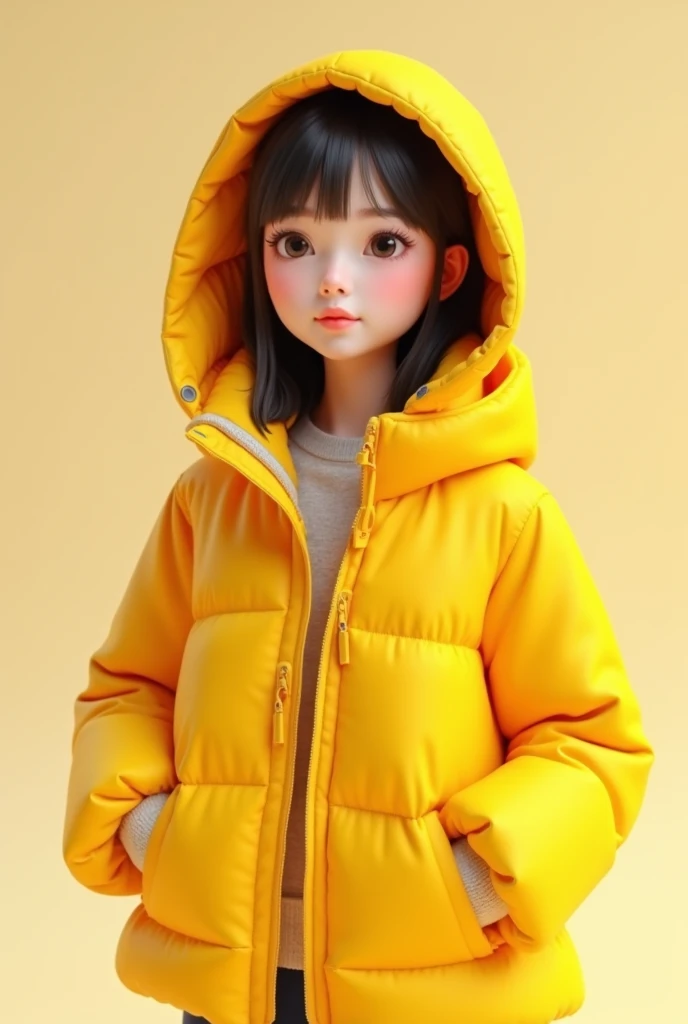 An asian girl around  wearing an yellow down jacket with hoodie 3d render