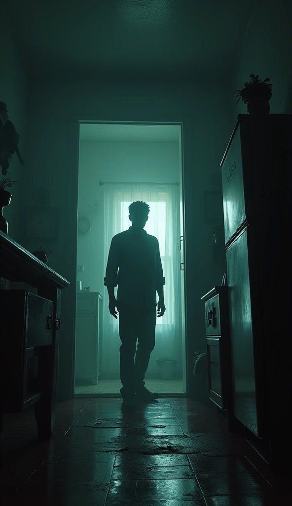 Vijay alone in his home, looking increasingly worried as strange , unexplained things start happening around him, symbolising the beginning of his cursed journey 