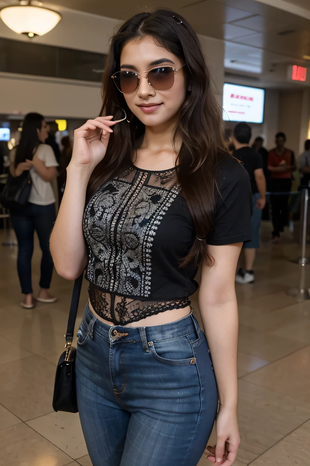 ((best quality)), ((masterpiece)), (detailed),
A 21 year old beautiful Indian girl with long hair smiling face beautiful eyes wearing a full black kurti dress and jeans pant standing in a airport looking at side ponytail hairstyle wearing sunglasses in eyes full pic