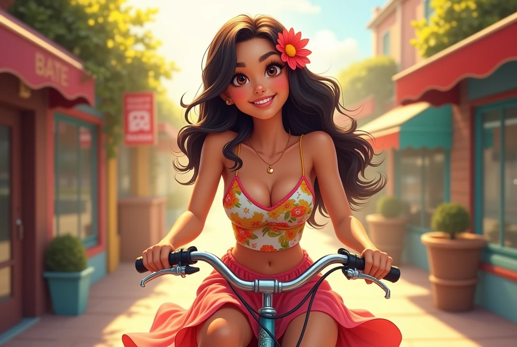 a lively scene featuring a young woman with long, wavy dark hair adorned with a bright red flower. She is sitting on a bicycle, wearing a floral-patterned tank top and a flowing skirt that complements her playful style. The background is a charming urban setting, with hints of vintage storefronts and soft, warm lighting that creates a nostalgic atmosphere. Her expression is cheerful and inviting, with a slight blush on her cheeks, suggesting a moment of joy and spontaneity. The sunlight filters through, casting a golden glow that highlights the details of her outfit and the bicycle, enhancing the overall sense of warmth and vibrancy in the scene. The composition captures a carefree spirit, evoking feelings of summer adventures and youthful exuberance.