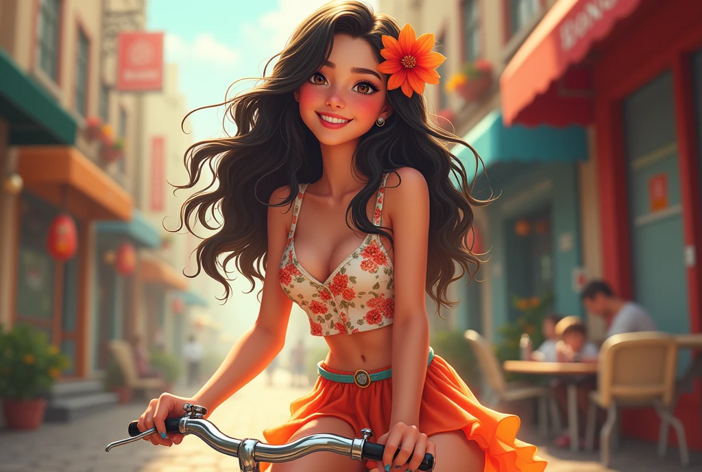 a lively scene featuring a young woman with long, wavy dark hair adorned with a bright red flower. She is sitting on a bicycle, wearing a floral-patterned tank top and a flowing skirt that complements her playful style. The background is a charming urban setting, with hints of vintage storefronts and soft, warm lighting that creates a nostalgic atmosphere. Her expression is cheerful and inviting, with a slight blush on her cheeks, suggesting a moment of joy and spontaneity. The sunlight filters through, casting a golden glow that highlights the details of her outfit and the bicycle, enhancing the overall sense of warmth and vibrancy in the scene. The composition captures a carefree spirit, evoking feelings of summer adventures and youthful exuberance.
