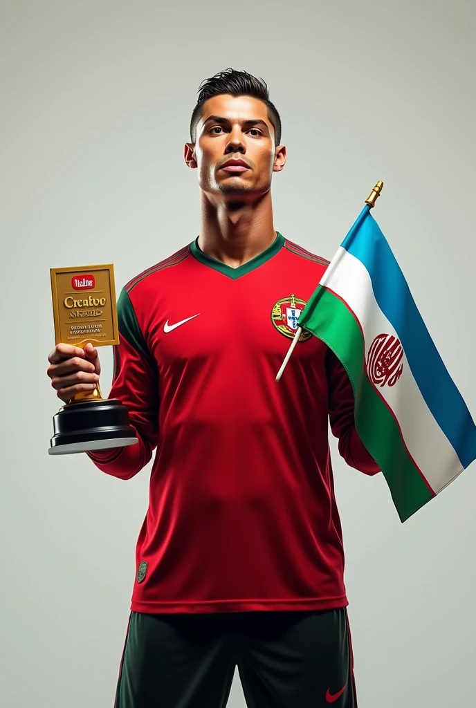 Cristiano Ronaldo has a you tube gold button in one hand and the flag of Uzbekistan in the other