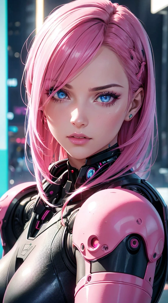 A cyborglike woman, beautiful detailed eyes, beautiful detailed lips, extremely detailed face, long eyelashes, large breasts, sexy cyborg suit, pink neon hair, pink color eyes, rose color hair, neon lights, (best quality,8k,highres,masterpiece:1.2),ultra-detailed,(realistic,photorealistic,photo-realistic:1.37),futuristic,sci-fi,cyberpunk,dramatic lighting,vibrant colors