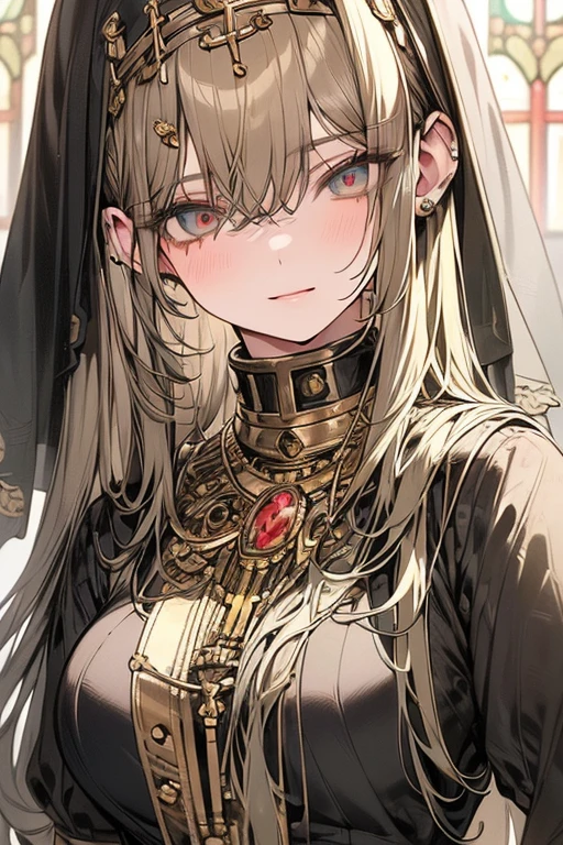 ultra-detailed, masterpiece, perfect anatomy, Precise, High Quality, best quality, high resolution, (illustrated:0.7), (realistic:1.1), (beautiful detailed eyes:1.5), 1 lady, 24 old, extra long hair,bangs,weavy hair,(green hair:1.2), green eyes, medium breast, crossed bangs , hairs between eyes,nun, ancient church, stained glass, (blush:1)