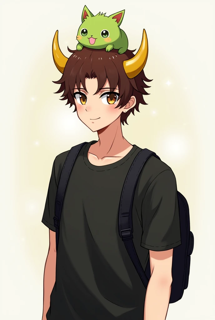 an anime guy, curly brown hair, horns made of gold, black shirt, he have a black backpack, and a green cute pet on head