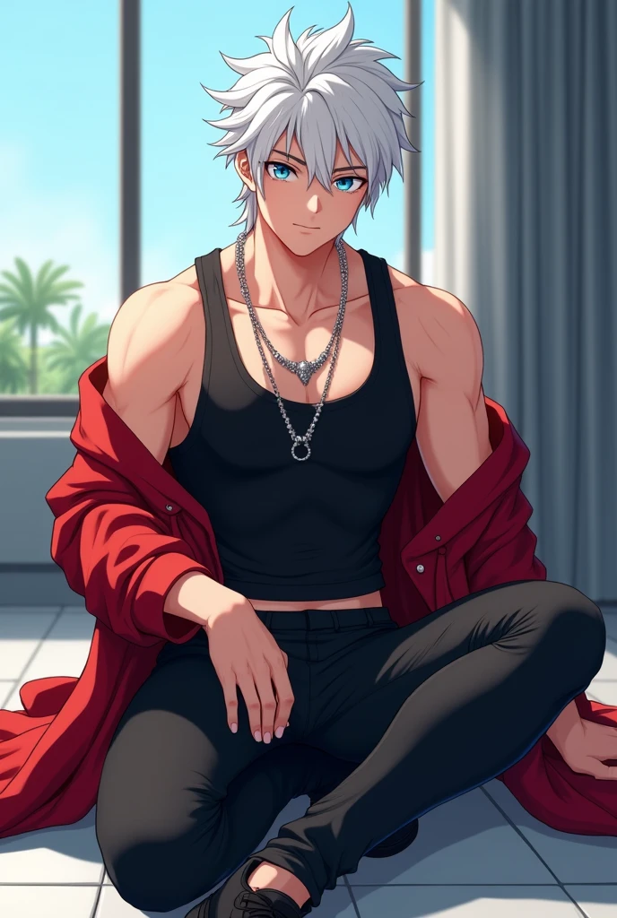 ((quality)), ((art)), ((best)), ((detailed)), 1, ((boy)), ((Anime)), he is ((1)), and is extremely ((beautiful)), and ((perfect)), body: his is ((slim muscular and athletic)), with a ((strong handsome physique)), he has ((shiny white hair like the moon with an asymmetrical shape with loose strands)), he has beautiful and beautiful ((bright blue eyes like the sky)),
he wears a ((tight black tank top that shows off his body)), ((wears a shiny silver neck necklace)), he wears a ((red jacket with long sleeves tied at the waist)), he wears a ((black pants tight)), and he is wearing a pair of ((Black sneakers))
((He is sitting on the floor looking straight ahead)),