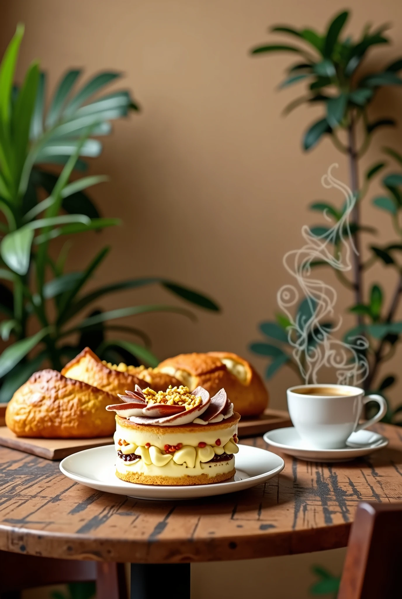Cake shop promotional image,Coffee shop promotional image、There is a cake in the promotional picture、bread、Coffee elements,
The background theme color of the store is cocoa egg cream style、With green plants、Walnut table and chairs