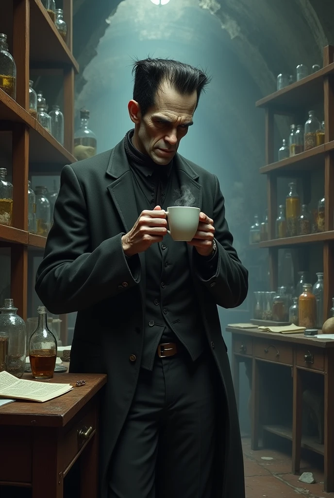 Frankenstein drinking coffee