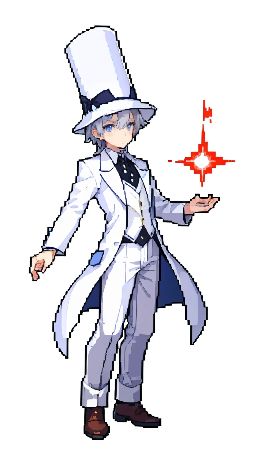 masterpiece, best quality, 1boy, a magician, grey hair, white magician hat, wearing white tuxedo, red long pants, jumping, casting magic, peaceful face, white background, full body, looking at viewer, best quality