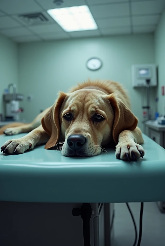 a dog lying on a veterinary table, sad and distempered