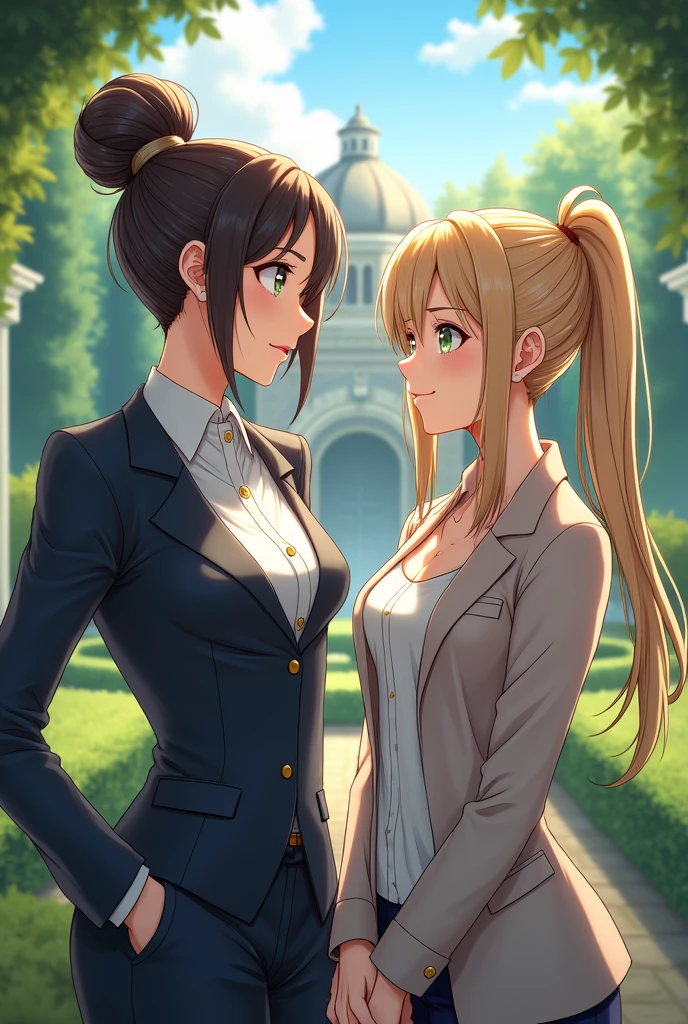 1; The Councilor&#39;s hair was tied up high, while hers was in a ponytail., and pretty roof For the style to see her arrogant but only loving look to her,
She is innocent and cheerful, but not without seriousness.
The scene is in the garden of the council house. 
