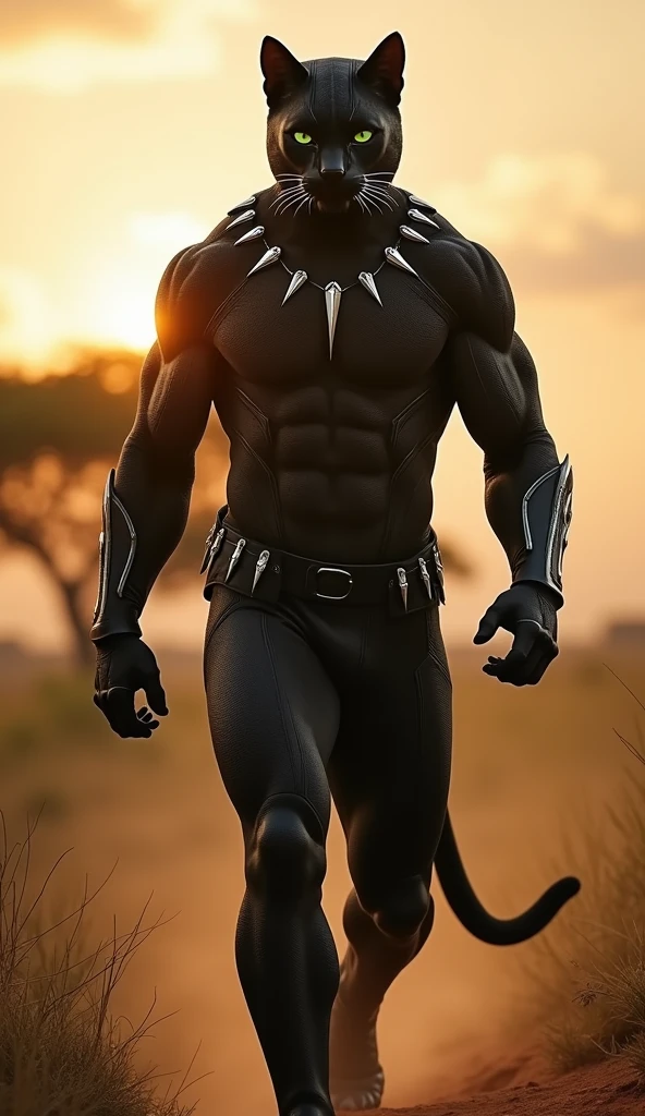 A majestic shot of T'Challa, the Black Panther, emerges from the shadows. His powerful physique is thatched in sleek black armor, while his feline features - a Maine coon cat distinctive head with piercing green eyes and fluffy whiskers - are seamlessly integrated into his human form. The camera frames him from a low angle, emphasizing his imposing stature as he strides confidently across the savannah-inspired landscape, the golden light of dawn casting a warm glow on his regal visage.