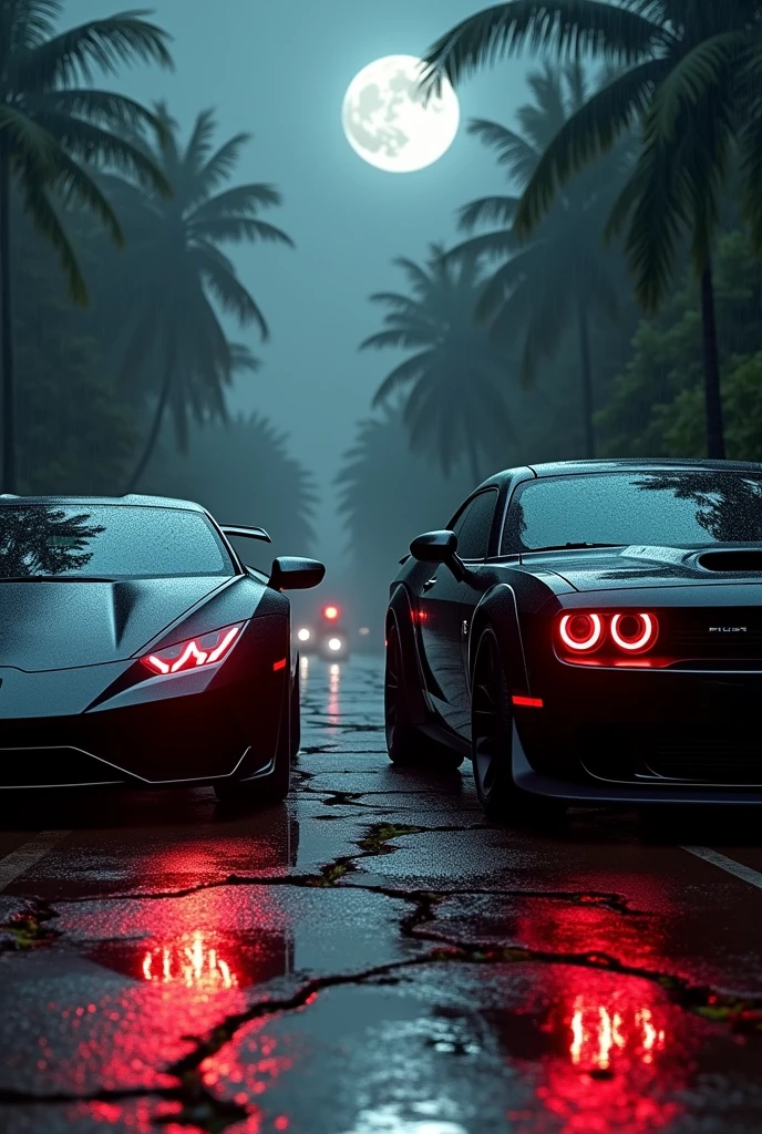 A matt black lamborghini huracan with a matt black red eye hellcat dodge challenger both with red head lights racing each other  in a rainy dark night on a shiny brokem road next to a jungle when the moon is on the sky showing from the front full quality 