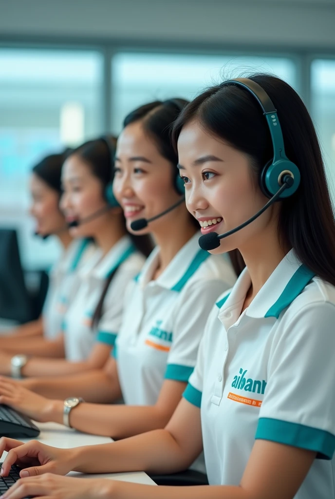 Four beautiful young Vietnamese girls with double eyelids are calling customers with softphones. They are wearing white polo shirts with a little bit of turquoise and a small amount of orange. On their chests, they only have the word ABBANK written in capital turquoise without any logo.