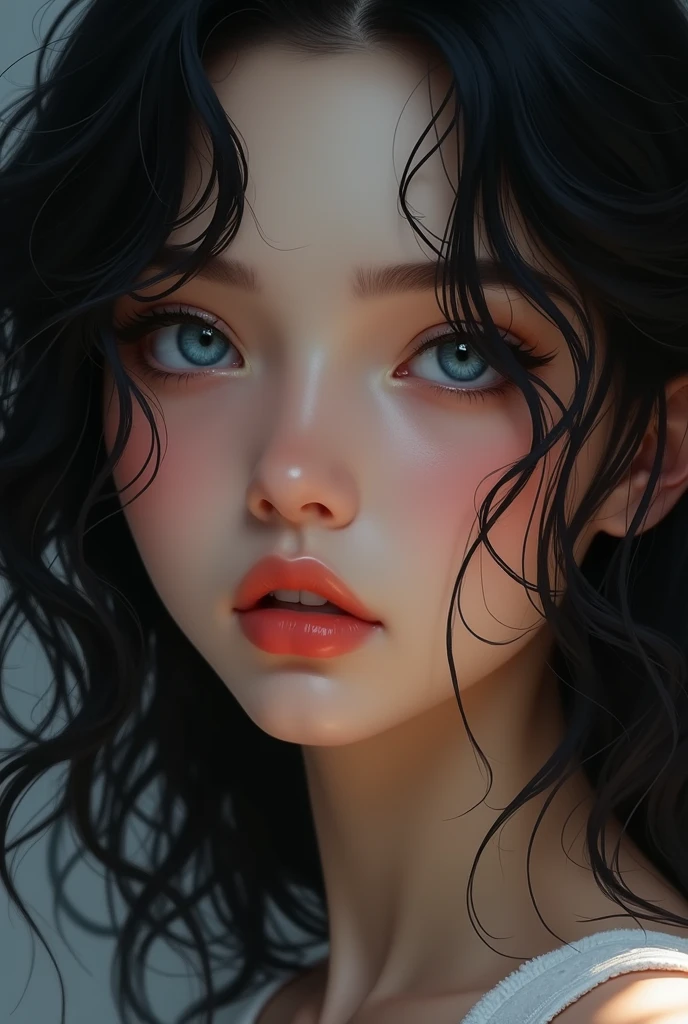 A girl with curly black hair, very beautiful, blue eyes, 1