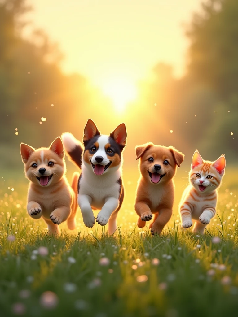The early morning scene unfolds with the warm glow of the sunrise casting a golden hue over the peaceful meadow. Playful dogs and agile cats can be seen darting through the dew-covered grass, their joyous barks and gentle meows harmonizing in the serene air. The happy companions enjoy their carefree romp, tails wagging and fur glistening in the soft morning light. The scene is a heartwarming display of camaraderie and pure, unbridled happiness as the cats and dogs play together, creating a charming tableau of morning bliss.