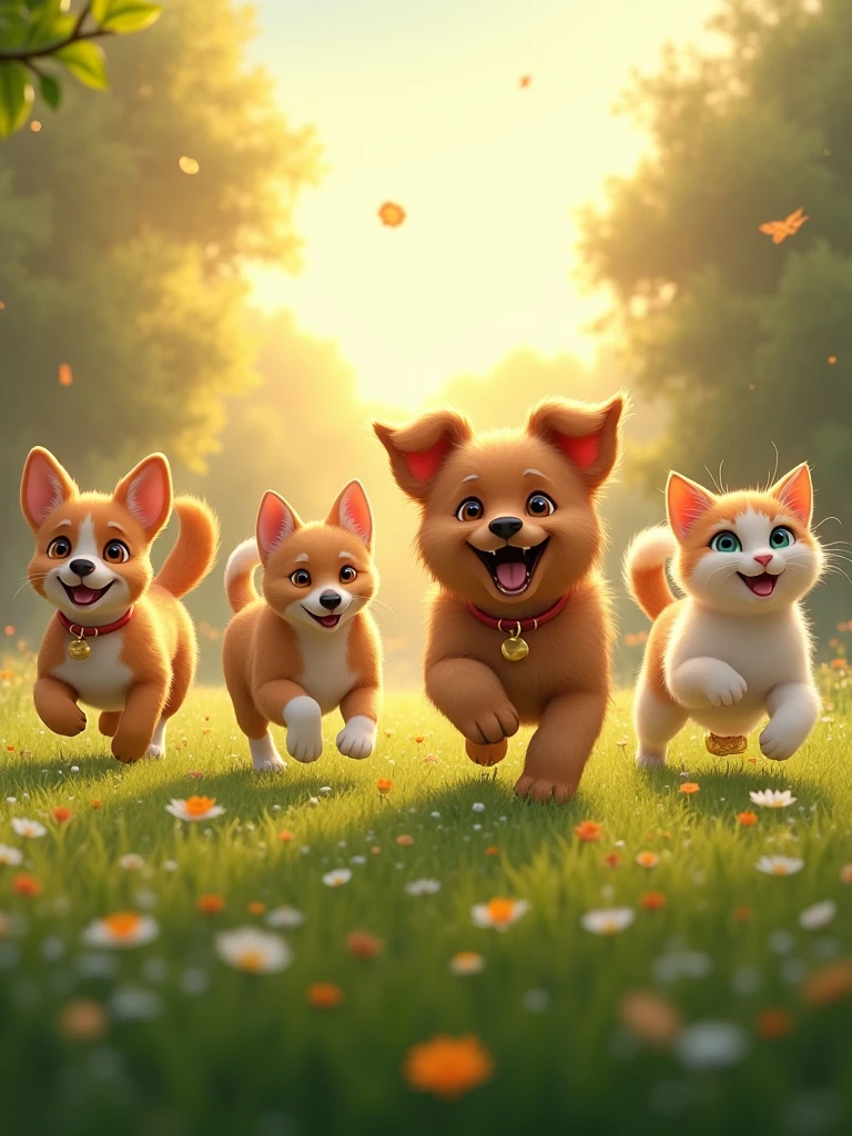 The early morning scene unfolds with the warm glow of the sunrise casting a golden hue over the peaceful meadow. Playful dogs and agile cats can be seen darting through the dew-covered grass, their joyous barks and gentle meows harmonizing in the serene air. The happy companions enjoy their carefree romp, tails wagging and fur glistening in the soft morning light. The scene is a heartwarming display of camaraderie and pure, unbridled happiness as the cats and dogs play together, creating a charming tableau of morning bliss.