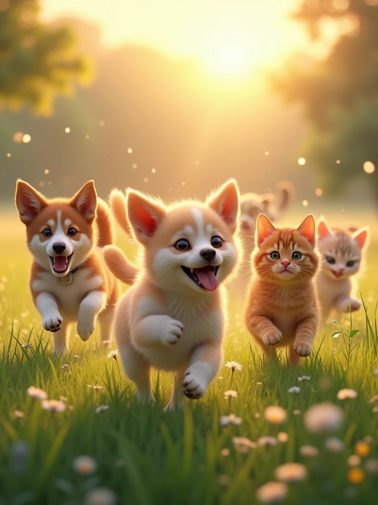 The early morning scene unfolds with the warm glow of the sunrise casting a golden hue over the peaceful meadow. Playful dogs and agile cats can be seen darting through the dew-covered grass, their joyous barks and gentle meows harmonizing in the serene air. The happy companions enjoy their carefree romp, tails wagging and fur glistening in the soft morning light. The scene is a heartwarming display of camaraderie and pure, unbridled happiness as the cats and dogs play together, creating a charming tableau of morning bliss.